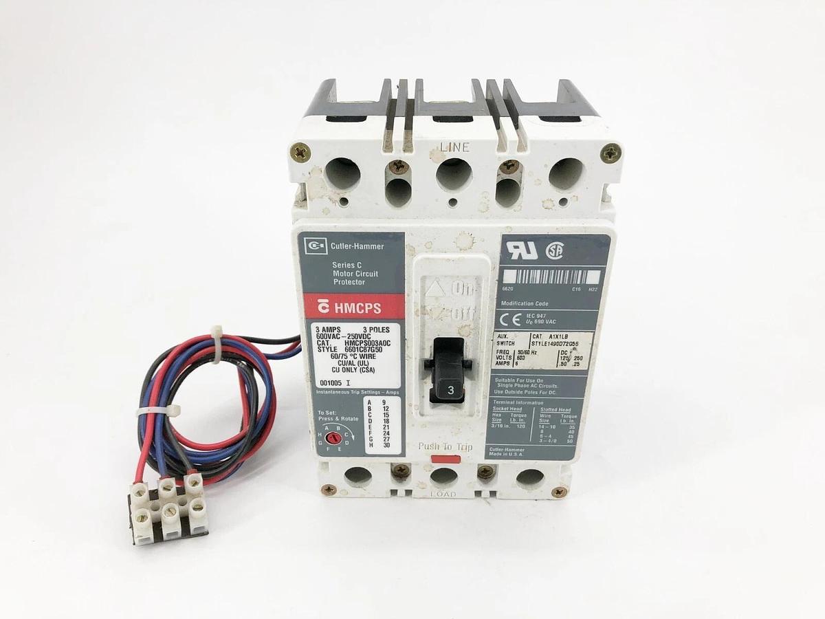 Used Cutler Hammer HMCPS003A0C Motor Circuit Breaker w/ A1X1LB 3P 3A 600VAC 250VDC