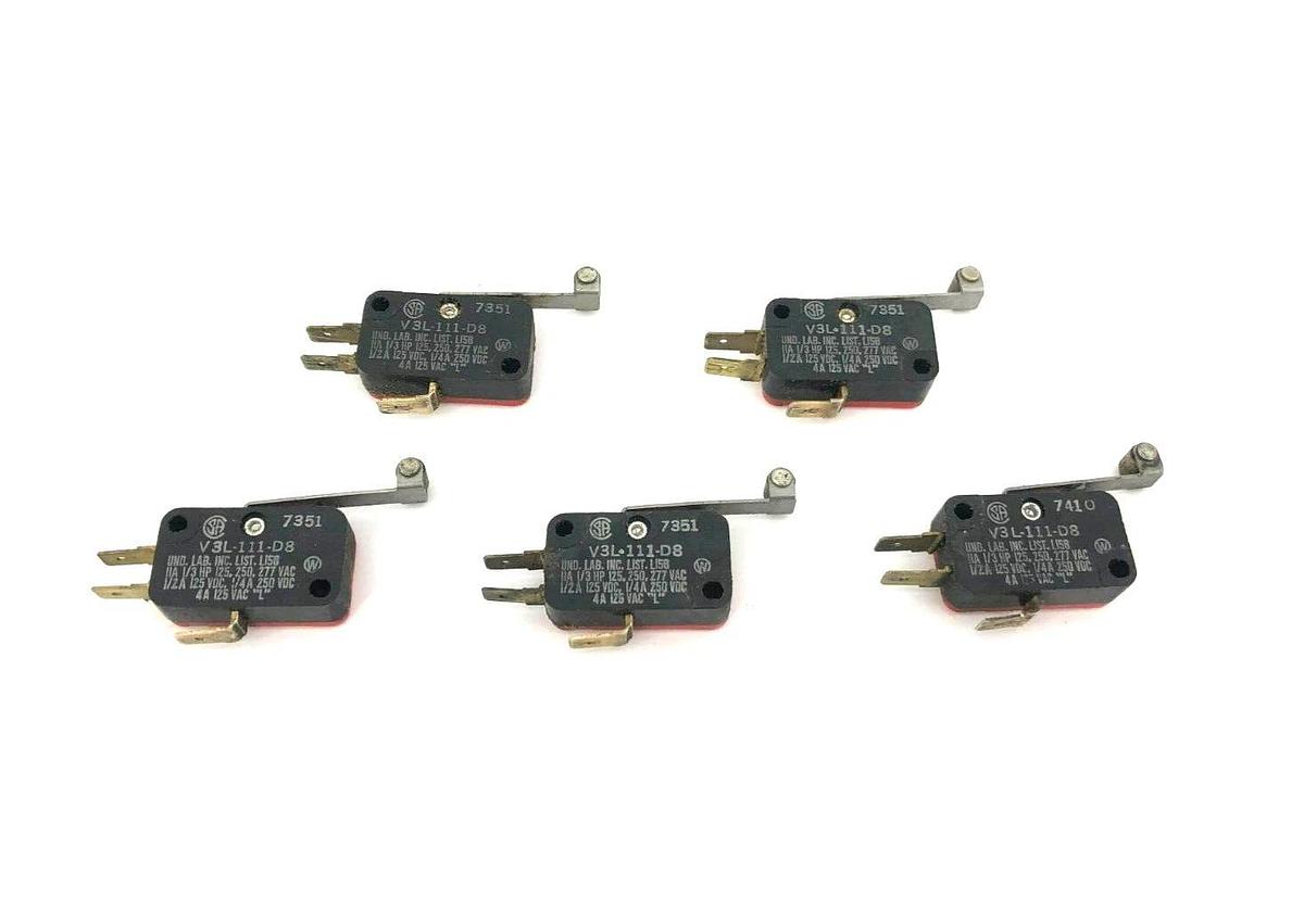 Used Lot of 5 Honeywell V3L-111-D8 Roller Lever Microswitches, 11A
