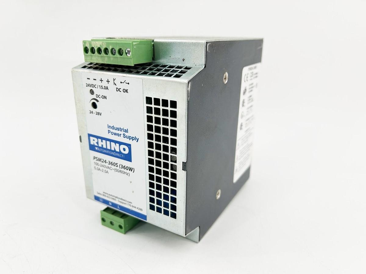 Used Rhino PSM24-360S Power Supply 5A 240VAC 50/60Hz 1 Phase 35MM Din Rail Mount