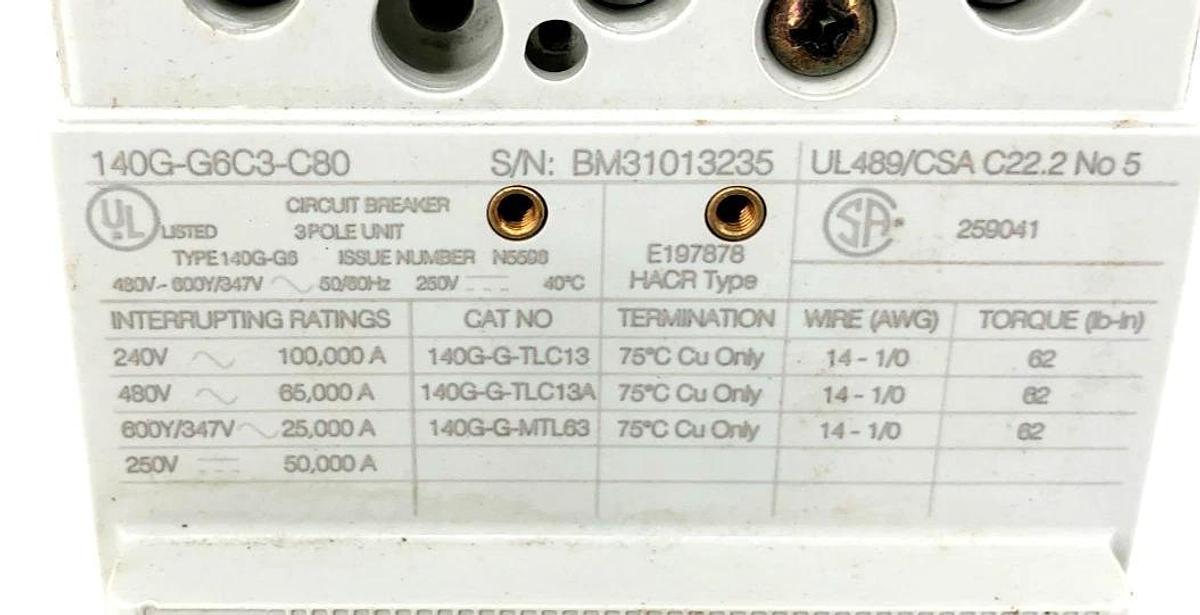 Used Allen Bradley 140G-G6C3-C80 Circuit Breaker 80A 3P 480V