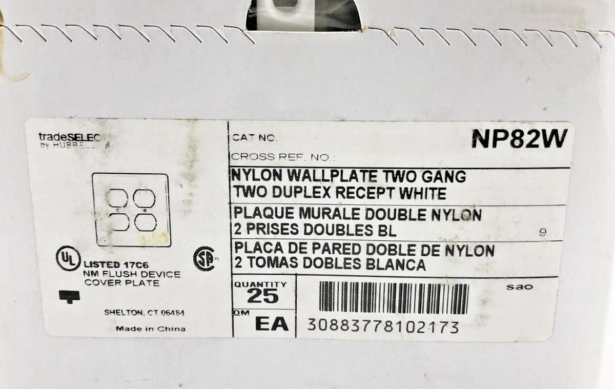 Box of 25 New Hubbell NP82W 2-Gang Wallplates White Nylon