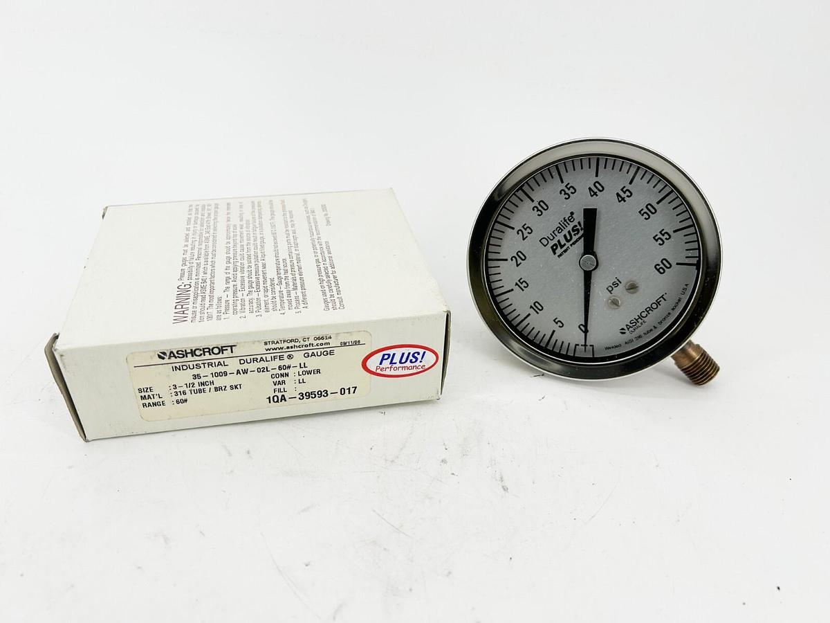 New Ashcroft 35-1009-AW-02L-60#-LL Presure Gauge 3-1/2 Dial 60PSI 316 Tube