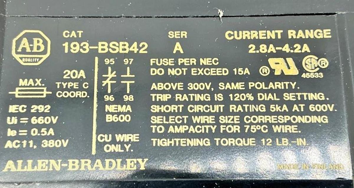 New Allen Bradley 193-BSB42 Ser A BiMetallic Overload Relay 2.8-4.2A 600V-No Box