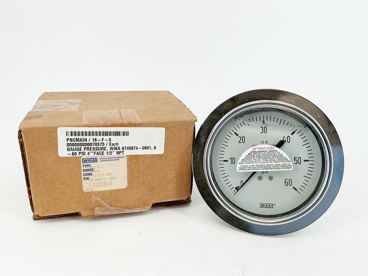 New Wika Type 233.54 4" 9745874-0001 Pressure Gauge 0-60PSI 1/2" NPT 316 SS