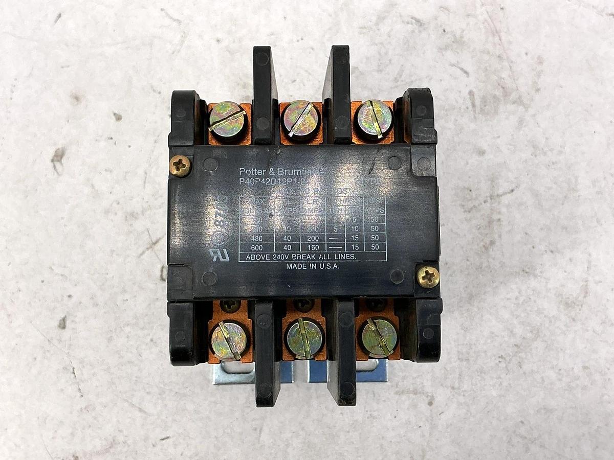 Used Potter & Brumfield P40P42D12P1-24 Contactor 3-Pole 24VDC Coil 50A 600V