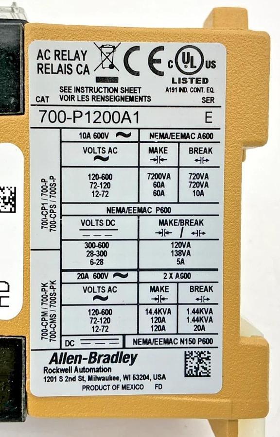 New Allen Bradley 700-P1200A1 Ser E Control Relay Type P 12NO 110/120VAC 50/60HZ
