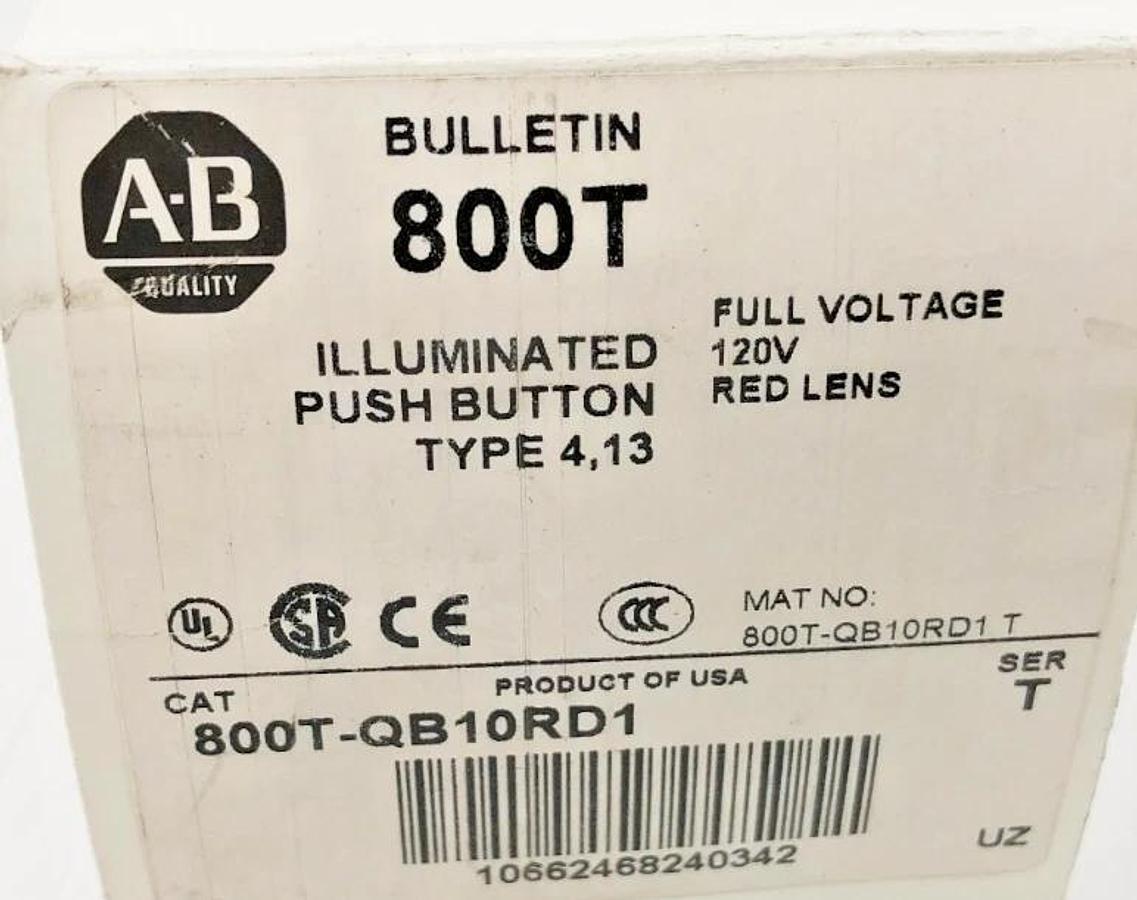 New Allen-Bradley 800T-QB10RD1 Ser. T Red Illuminated Pushbutton 120V