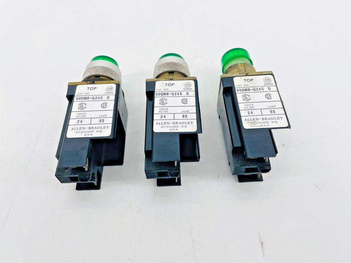 Used Lot of 3 Allen Bradley 800MR-Q24S Pilot Light Green 24V Ser D