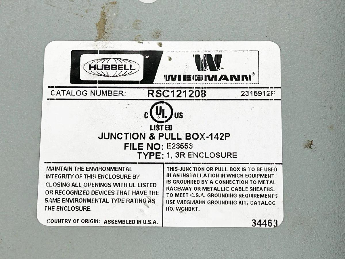 New Hubbell Wiegmann RSC121208 Steel Electrical Enclosure - missing screws