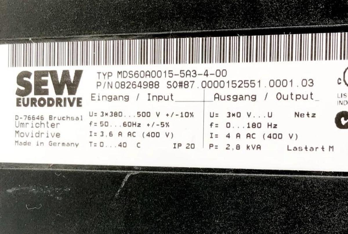 Used SEW Eurodrive MDS60A0015-5A3-4-00 Drive Inverter 08264988