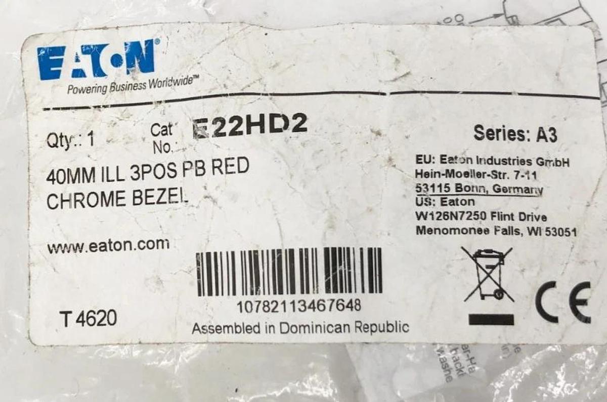New Eaton E22HD2 Red Illuminated Push-Pull Button 40mm 3-Pos Series A3