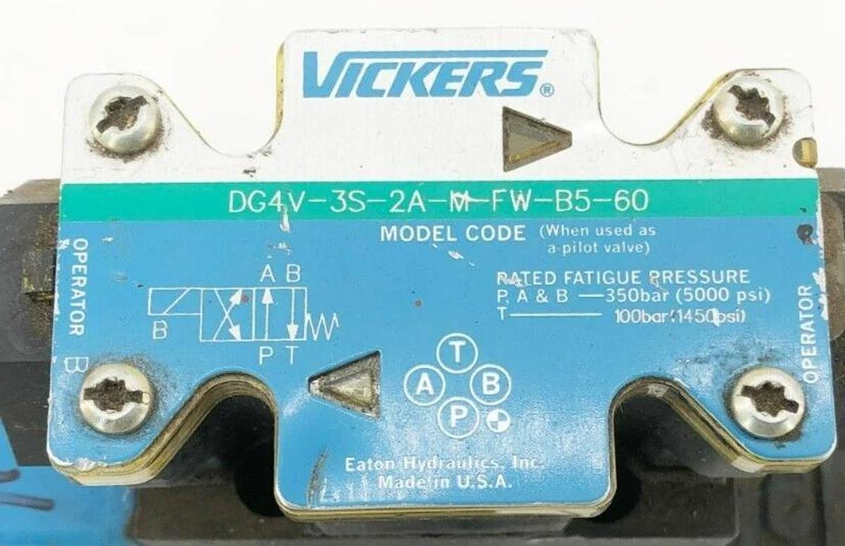 Used Vickers DG5S-8-2A-M-FW-B5-30 Solenoid Valve w/ DG4V-3S-2A-M-FW-B5-60
