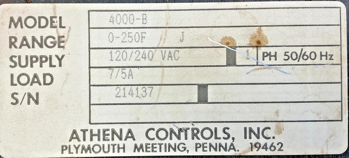 Used Athena Controls 4000-B Temp Controller 0-250F 7/5A 120/240VAC 1PH 50/60HZ 4000B