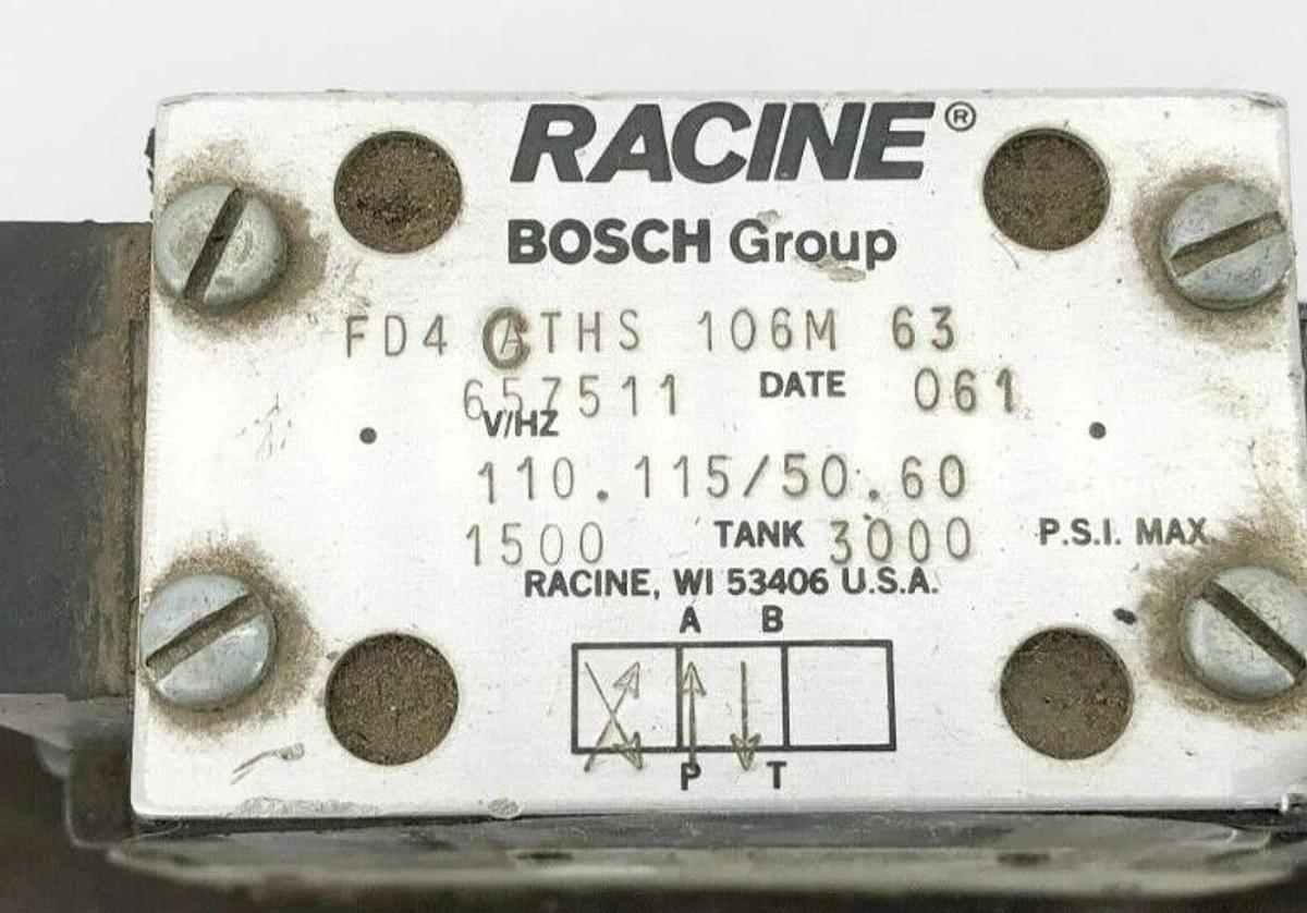 Used Bosch Racine FD4-CTHS-106M-63 Hydraulic Solenoid Valve 110/115V 3000psi Max