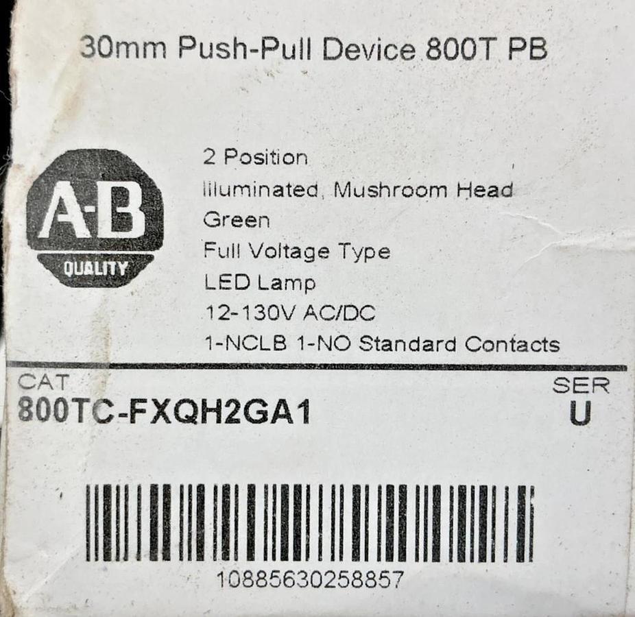New Allen Bradley 800TC-FXQH2GA1 Ser U Push-Pull Device 2-Pos Green LED 12-130V