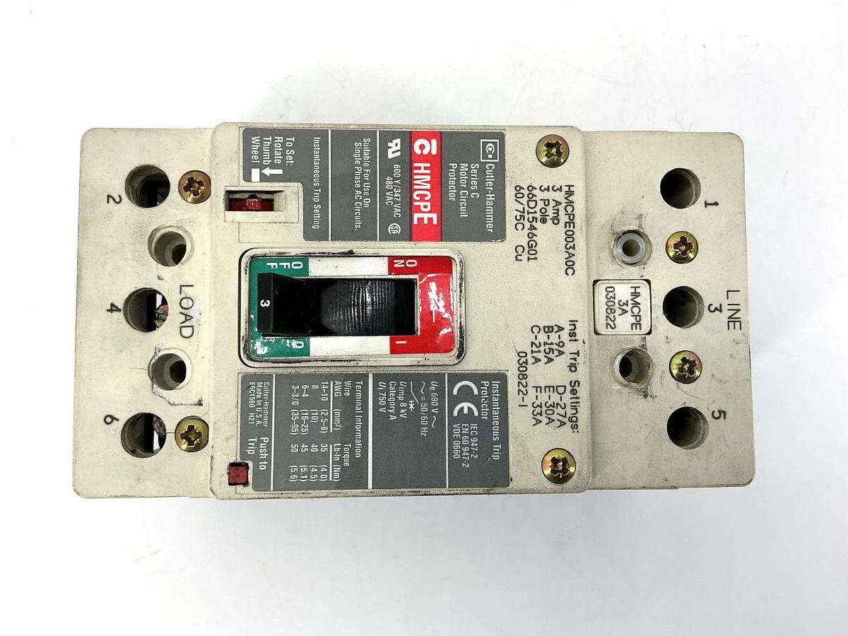 Used Cutler-Hammer HMCPE003A0C Ser C Motor Circuit Protector HMCP-E 3-Pole 3A 480VAC