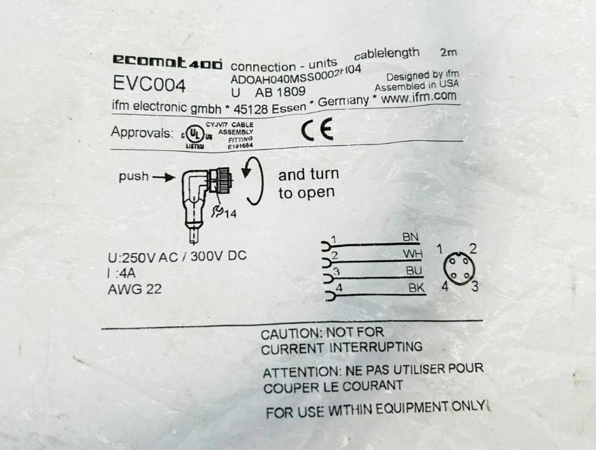 Lot of 2 New IFM ADOAH040MSS0002H04 Ecomat 400 Connector Cables, EVC004
