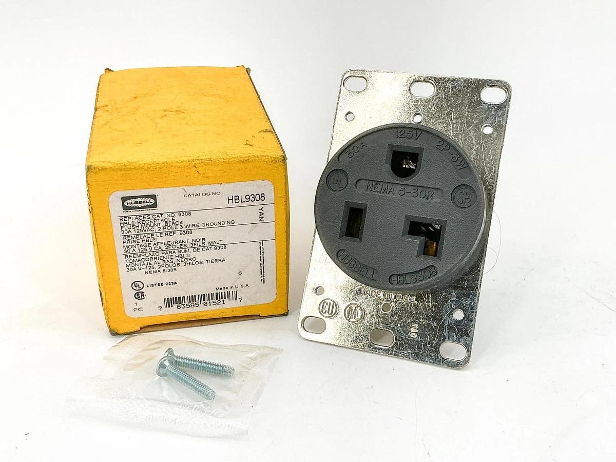 New Hubbell HBL9308 Flush Mount Receptacle 30A 125V 2P 3 Wire Grounding