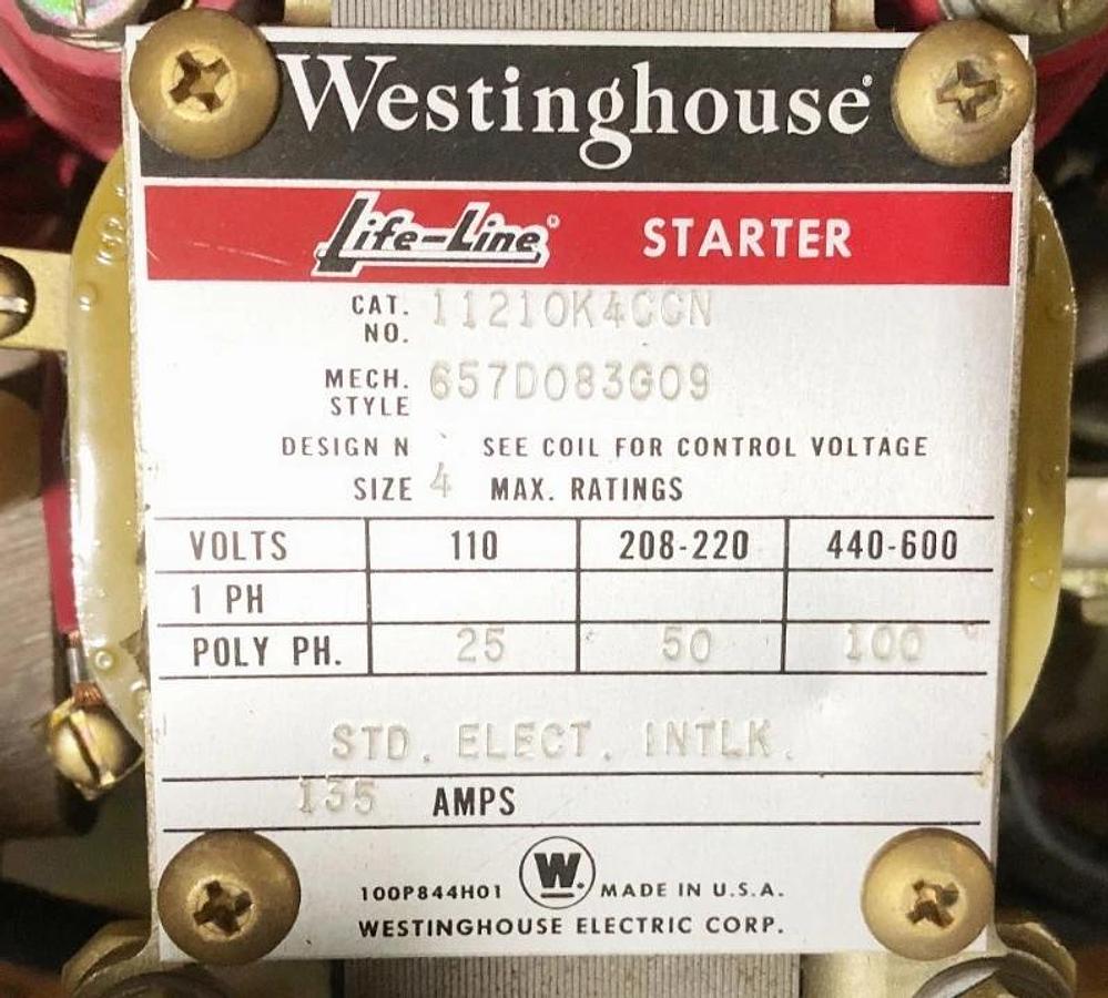 New Westinghouse 11210K4CCN Life-Line Starter 110/120V Size 4 135A - No Box