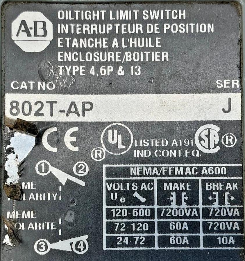 Used Allen Bradley 802T-AP Ser J Oiltight Limit Switch Plug-In Lever Type 10A 600VAC