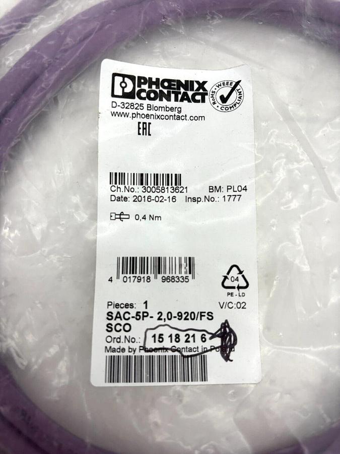New Phoenix Contact SAC-5P- 2,0-920/FS SCO Bus System Cable 1518216 2m Length