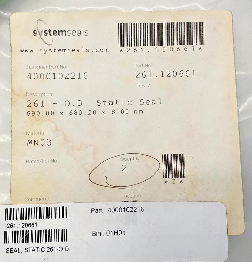 Bag of 2 New System Seals 261.120661 261 - OD Static Seal 690x680.20x8mm MN03