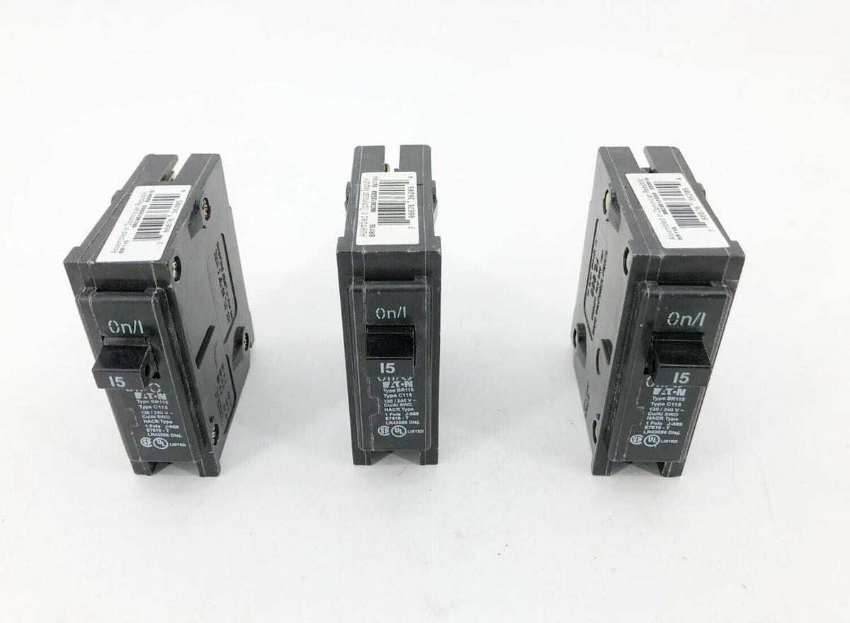 Lot of 3 New Eaton BR115 Circuit Breakers 15A 120/240VAC 1 Pole C115
