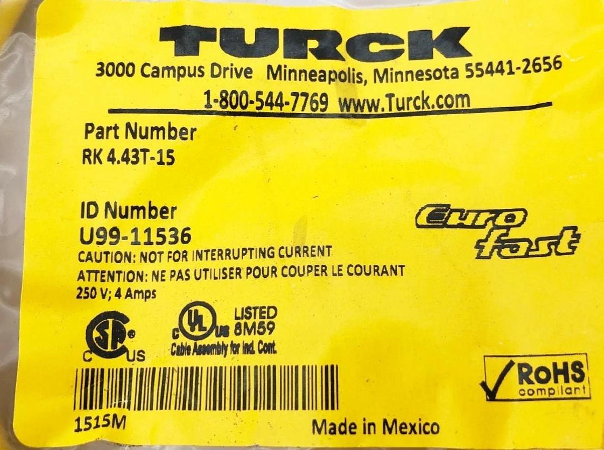 New Turck RK 4.43T-15 Double Ended Cordset 15m Length M12 Straight U99-11536