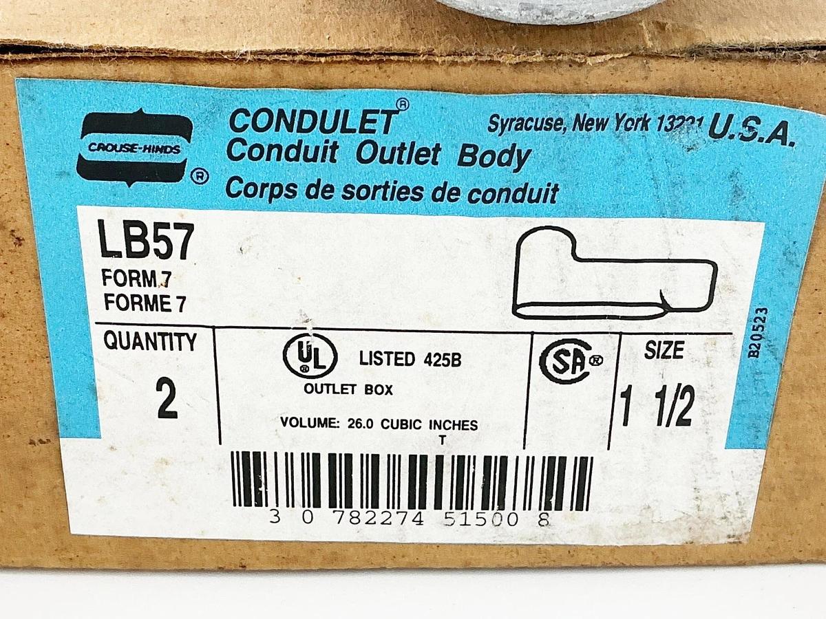 New Box of 2 Crouse Hinds LB57 Conduit Body Outlet 1-1/2"
