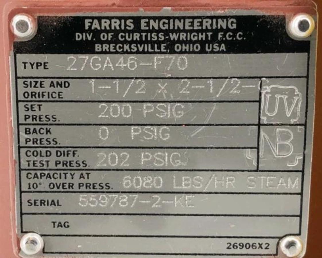 New Farris 27GA46-F70 Relief Valve Set 200psig 1-1/2" X 2-1/2" NPT - No Box