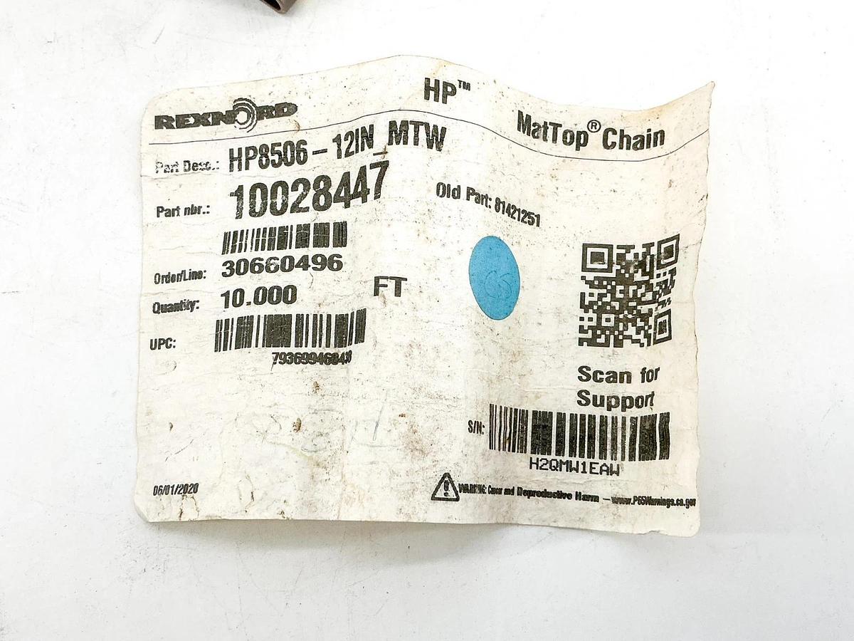 New Rexnord 10028447 MatTop Chain 10FT 12"W 0.75" Pitch HP8506-12IN MTW - No Box