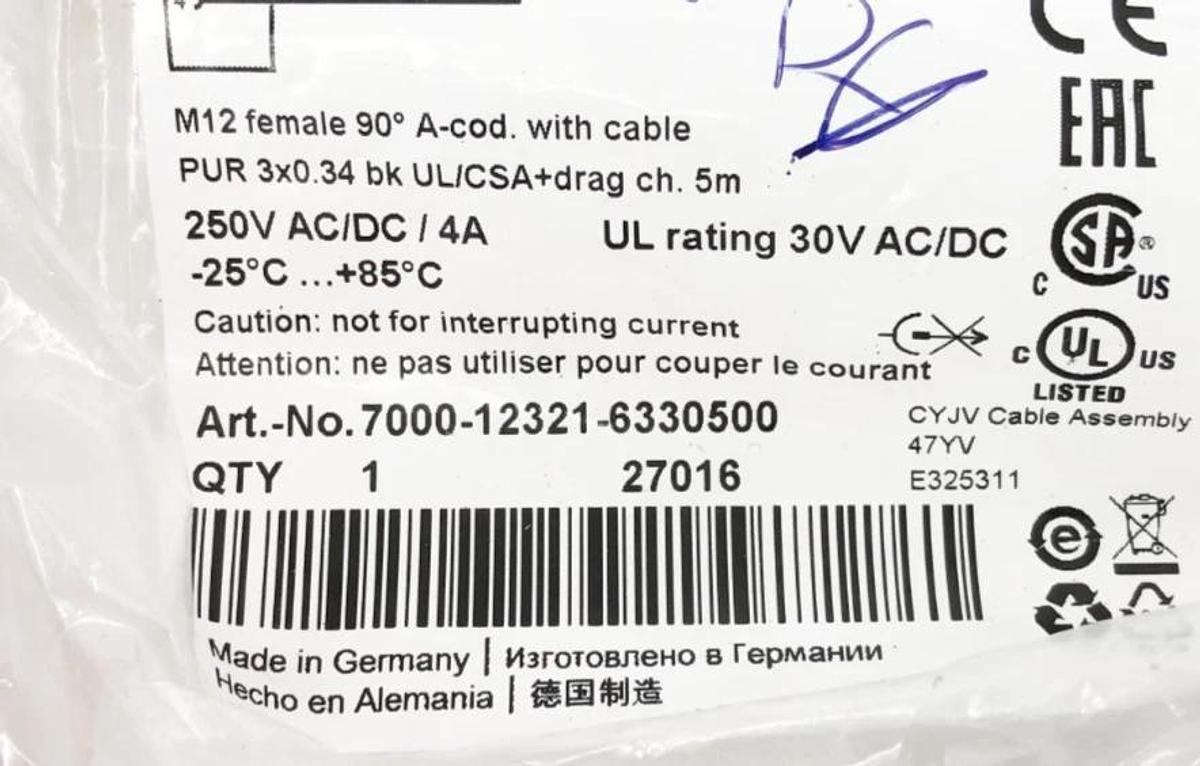 New Murr Elektronik 7000-12321-6330500 Cordset Right Angle M12 Black 22 AWG 4A