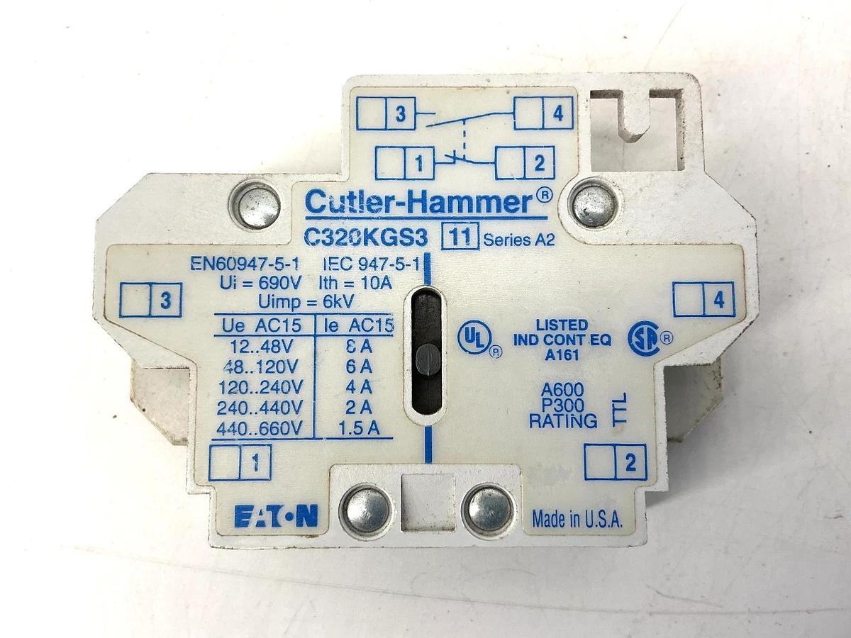 New Cutler-Hammer C320KGS3 Ser A2 Auxiliary Contact 1NO/1NC 10A 600VAC - No Box