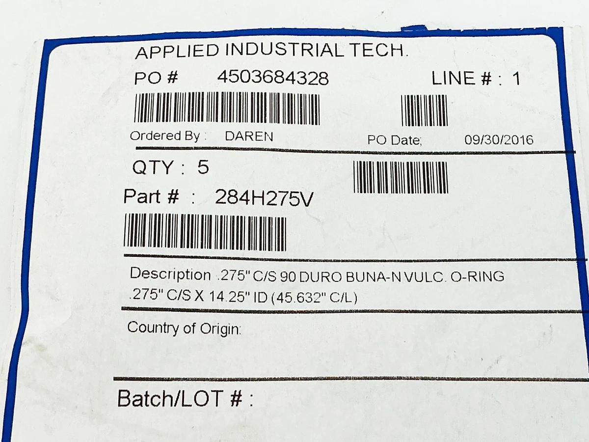New Lot of 5 Applied Industrial Tech 284H275V O-Ring 275"C/S X 14.25"