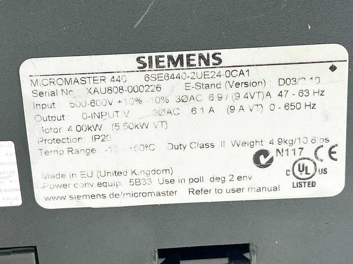 Used Siemens 6SE6440-2UE24-0CA1 AC Drive 440 5HP 6.1A 600V 2.2KW 63Hz - Missing Parts