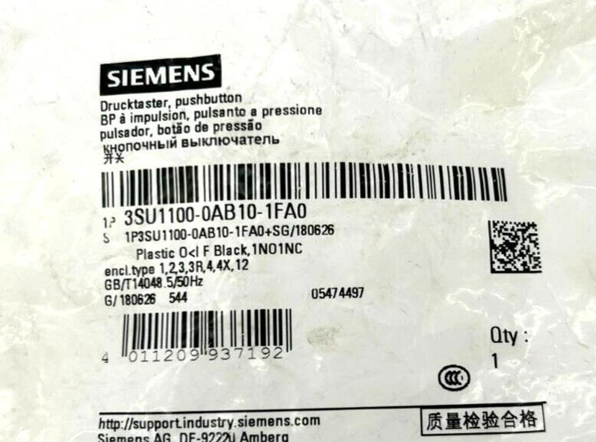 New Siemens 3SU1100-0AB10-1FA0 Push Button, 22mm, Black