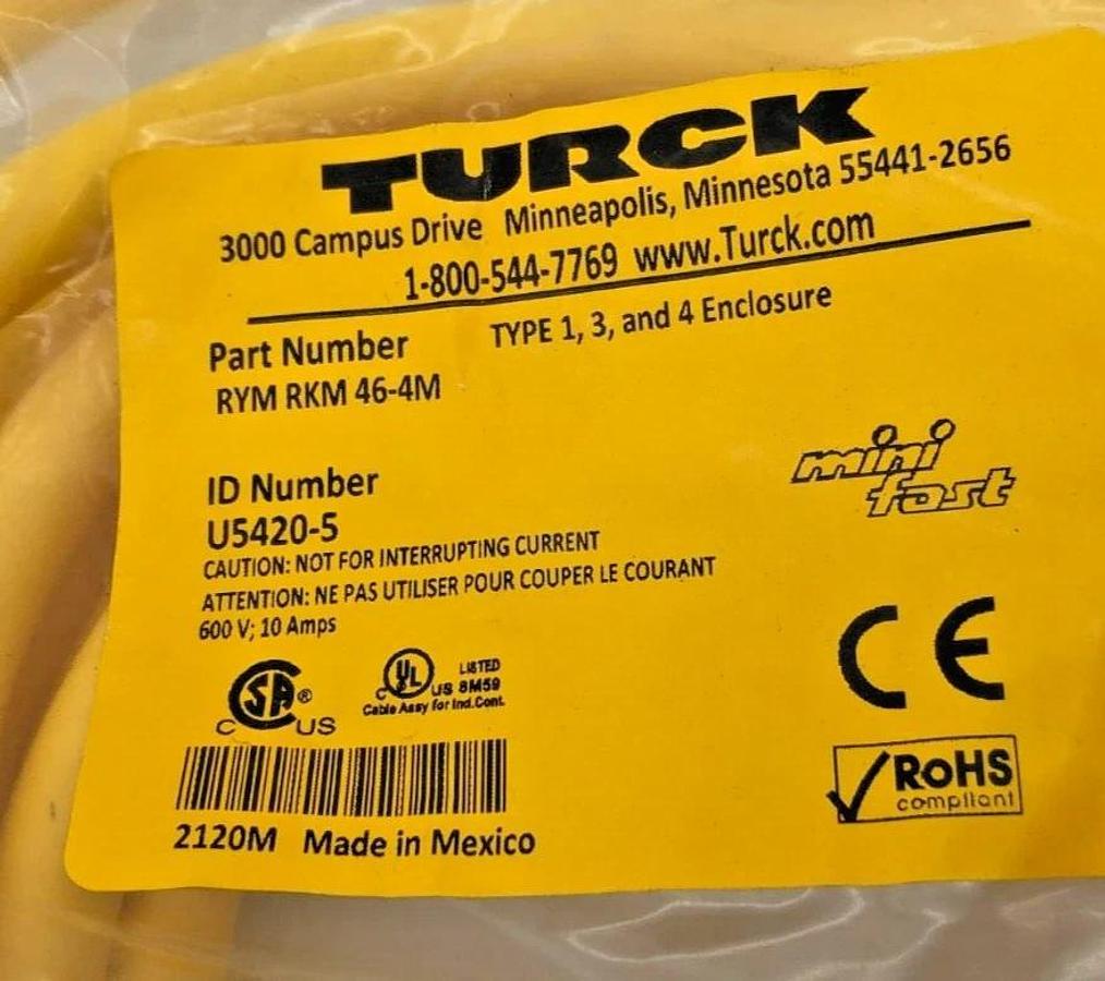 New Turck RYM RKM 46-4M Cordset, Male Connector, Female Thread, 4m, U5420-5