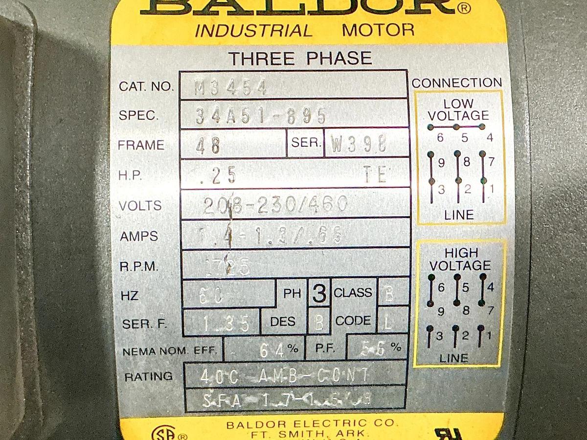 New Baldor M3454 Electric Motor .25HP 3PH 460V 1725RPM - No Box