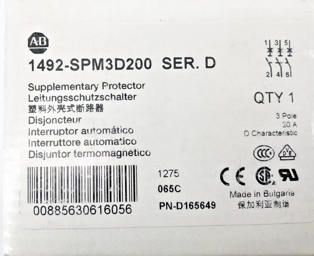 New Allen Bradley 1492-SPM3D200 Ser. D Supplementary Protector 3 Pole 20A