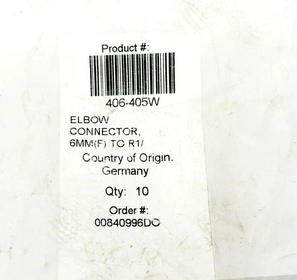 Lot of 10 New SKF 406-405W Elbow Connectors, 6mm