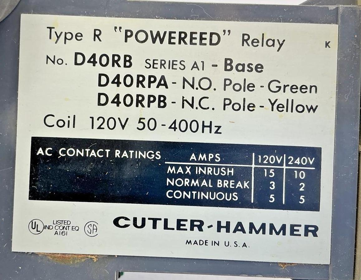 Used Lot of 3 Cutler-Hammer D40RB Ser A1 Powereed Relay Coil-120V 50/400HZ