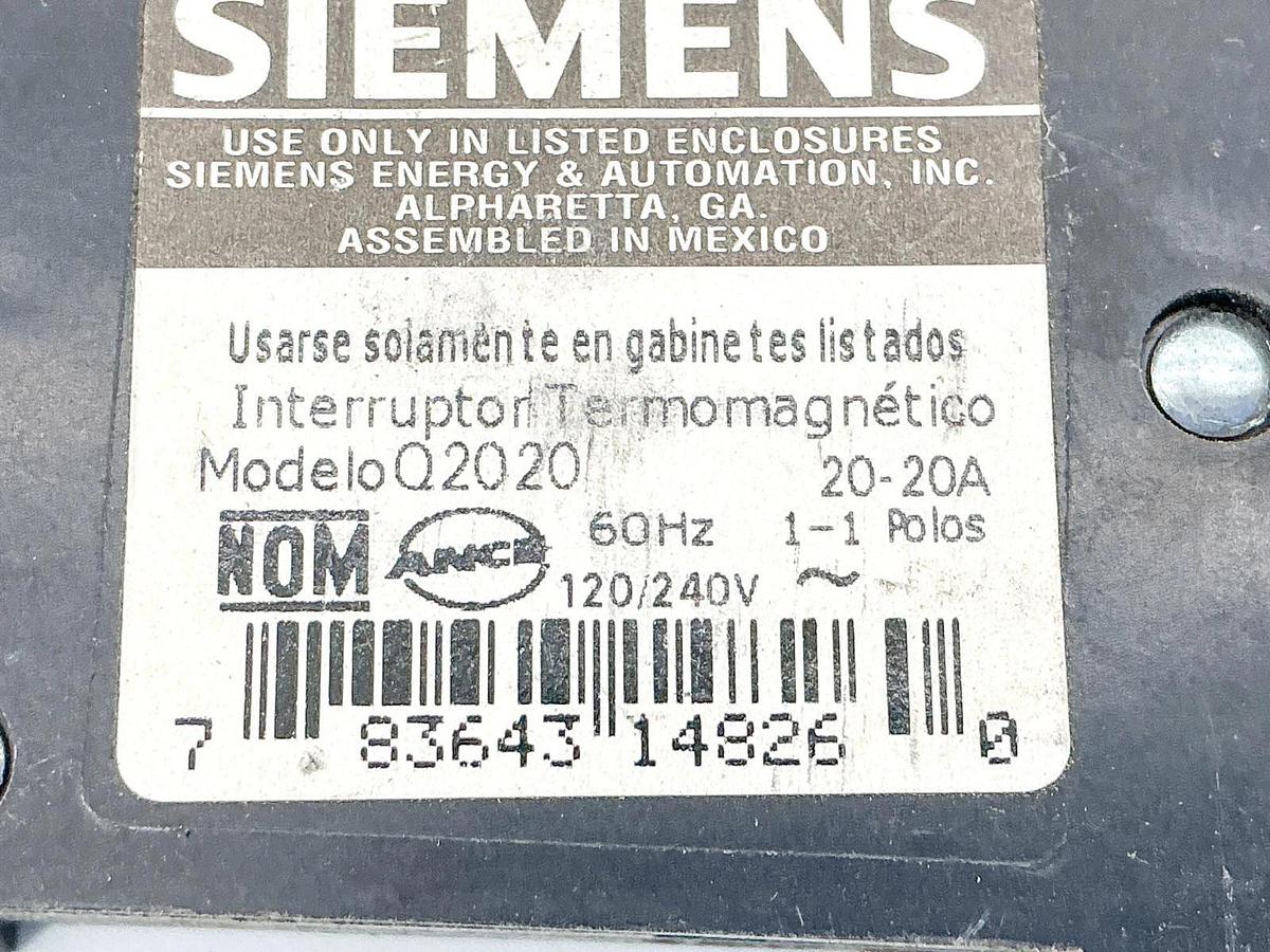 Used Lot of 3 Siemens Q2020 Tandem Circuit Breaker 20A 240V 1P 60Hz