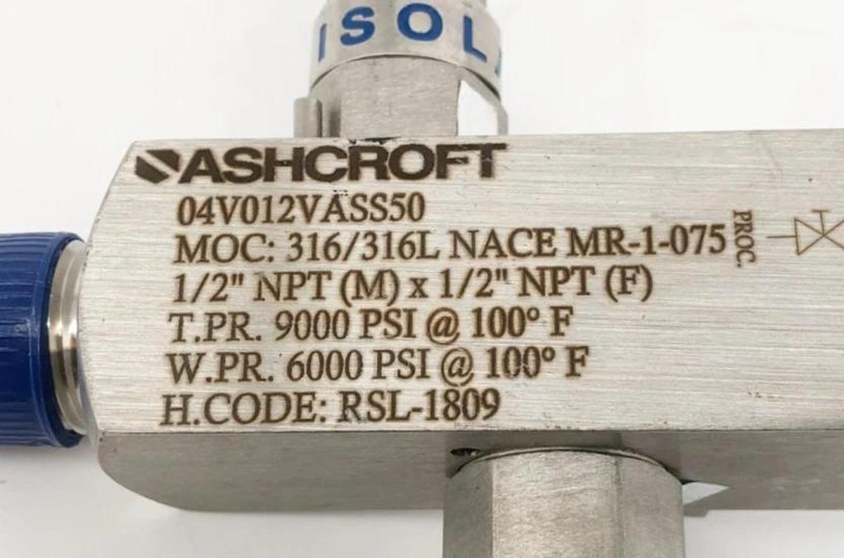 New Ashcroft 04V012VASS50 Block & Bleed 2-Valve Manifold 1/2" NPT - No Box