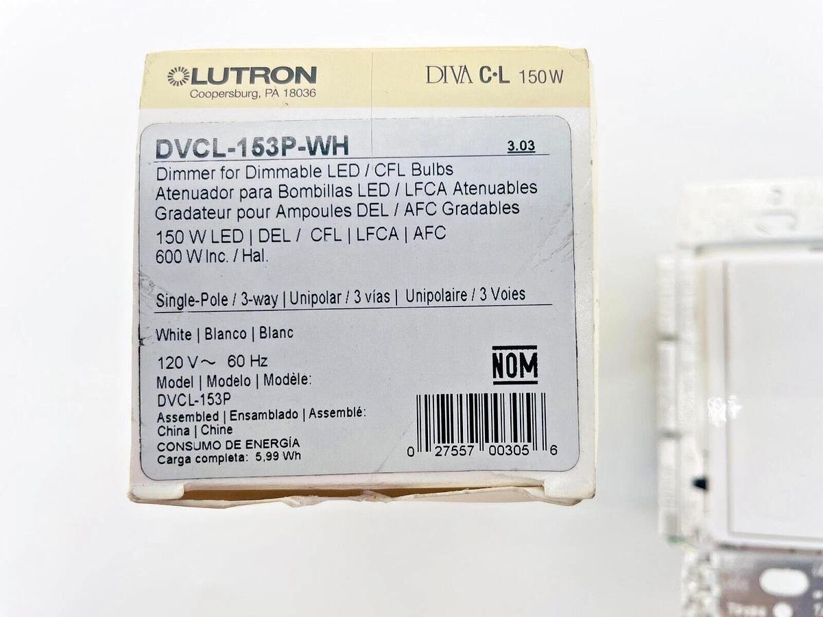 New Lutron DVCL-153P-WH Dimmer Wall Switch 150W 1P 3 Way White