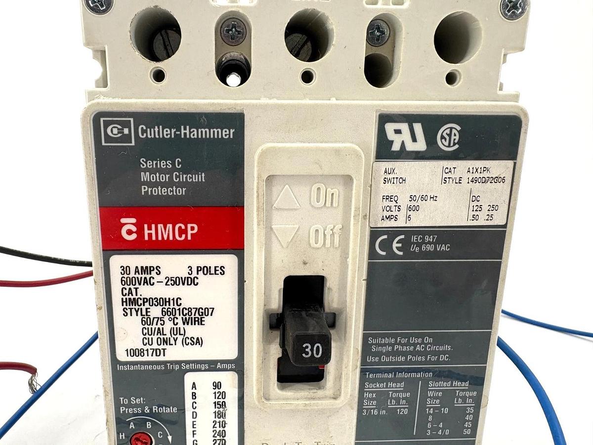 Used Cutler-Hammer HMCP030H1C 30A Circuit Breaker w/ A1X1PK Aux. Switch 3P 600VAC