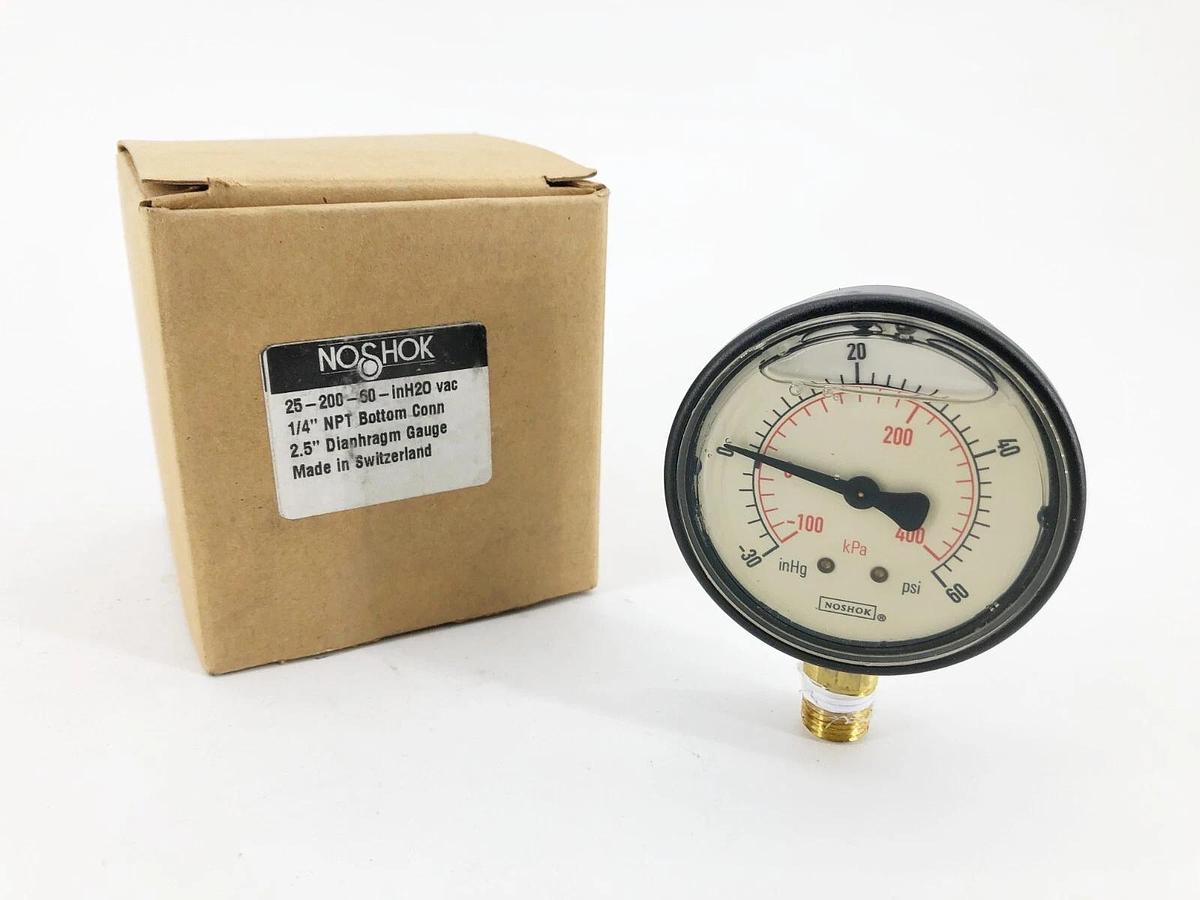 New Noshok 25-200-60-inH20-vac Vacuum Gauge 1/4" NPT Male Bottom Connection