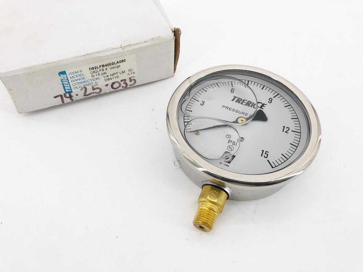 New Trerice D82LFB4002LA080 Pressure Gauge D82LFB 4" 0-15psi 1/4" LM D84110