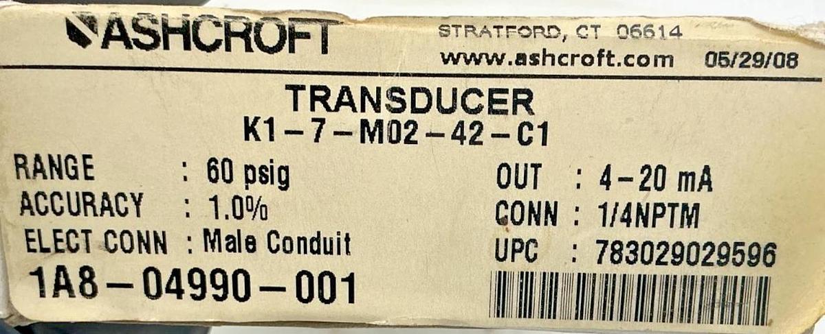 New Ashcroft K1-7-M02-42-C1 Transducer 60PSIG Accuracy 1% 10-36VDC K17M0242C1