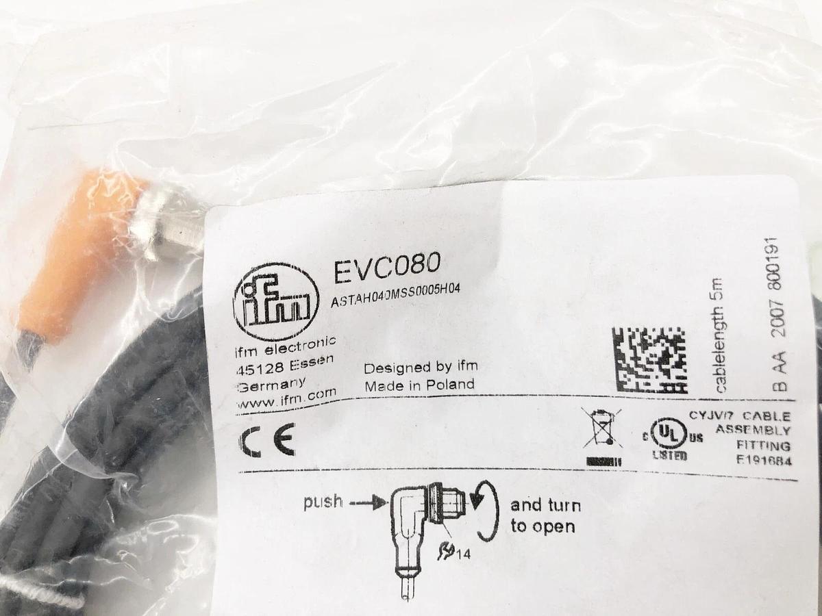 New IFM Efector EVC080 Cordset M12 Connector 4A 250AC/300DC 5m Length
