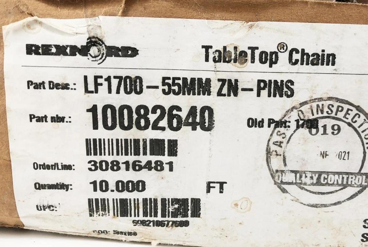 New Rexnord LF1700-55MM ZN-PINS TableTop Chain 10082640 10 FT